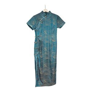 Silk Spandex Blue Wave Print Cheongsam Qipao Mandarin Collar Dress Size Medium